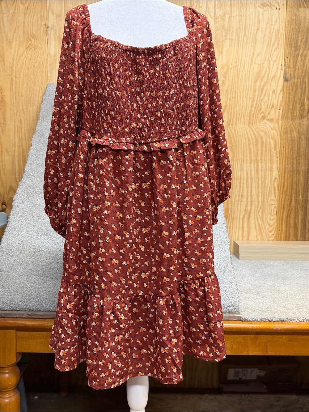 Smocked Floral Midi Dress in Rust